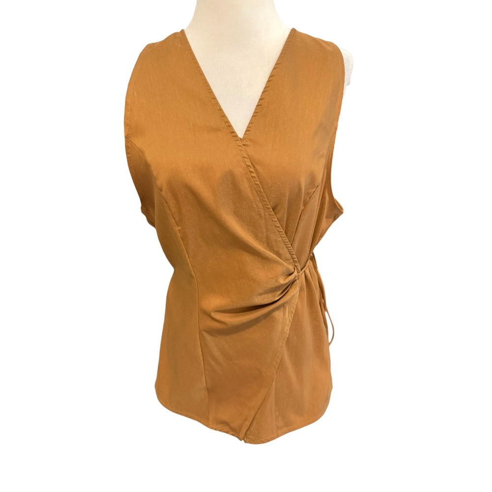 OGL Tree Brown Lyocell Linen Blend Wrap Side Tie Sleeveless Top Size L NWT
